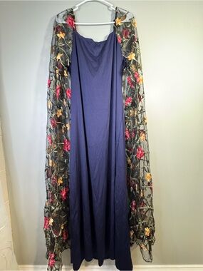 SHEIN Curve Navy Slip Dress with Floral Embroidered Shoulders Womens 4XL